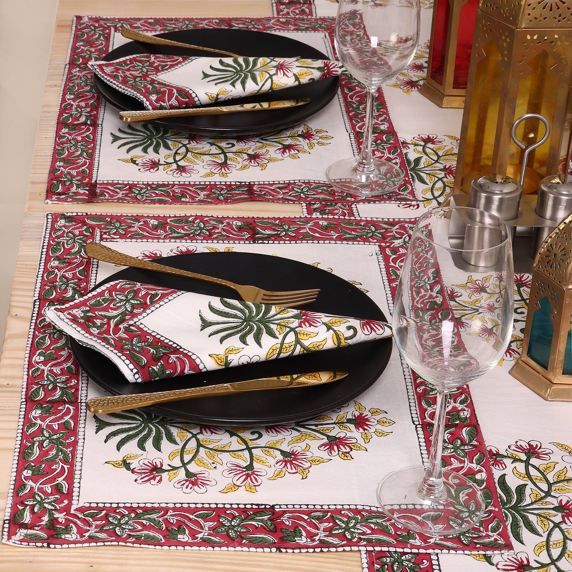 Hand Block Floral Printed Cotton Center Table Runner